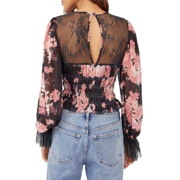 Free People Daphne Blouse Floral Print Lace Sheer Long Sleeve Blouse - Picture 4 of 12
